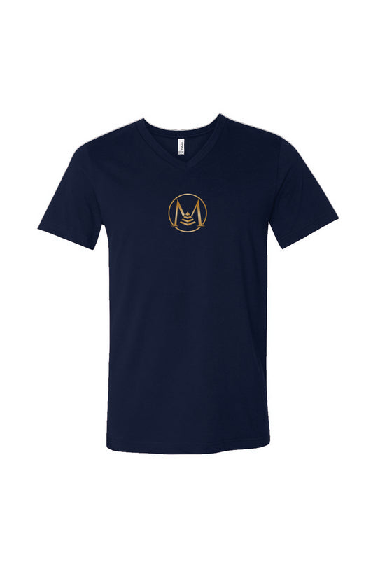 Navy Blue Jersey V-Neck Tee (Metallic Gold Logo) Embroidered